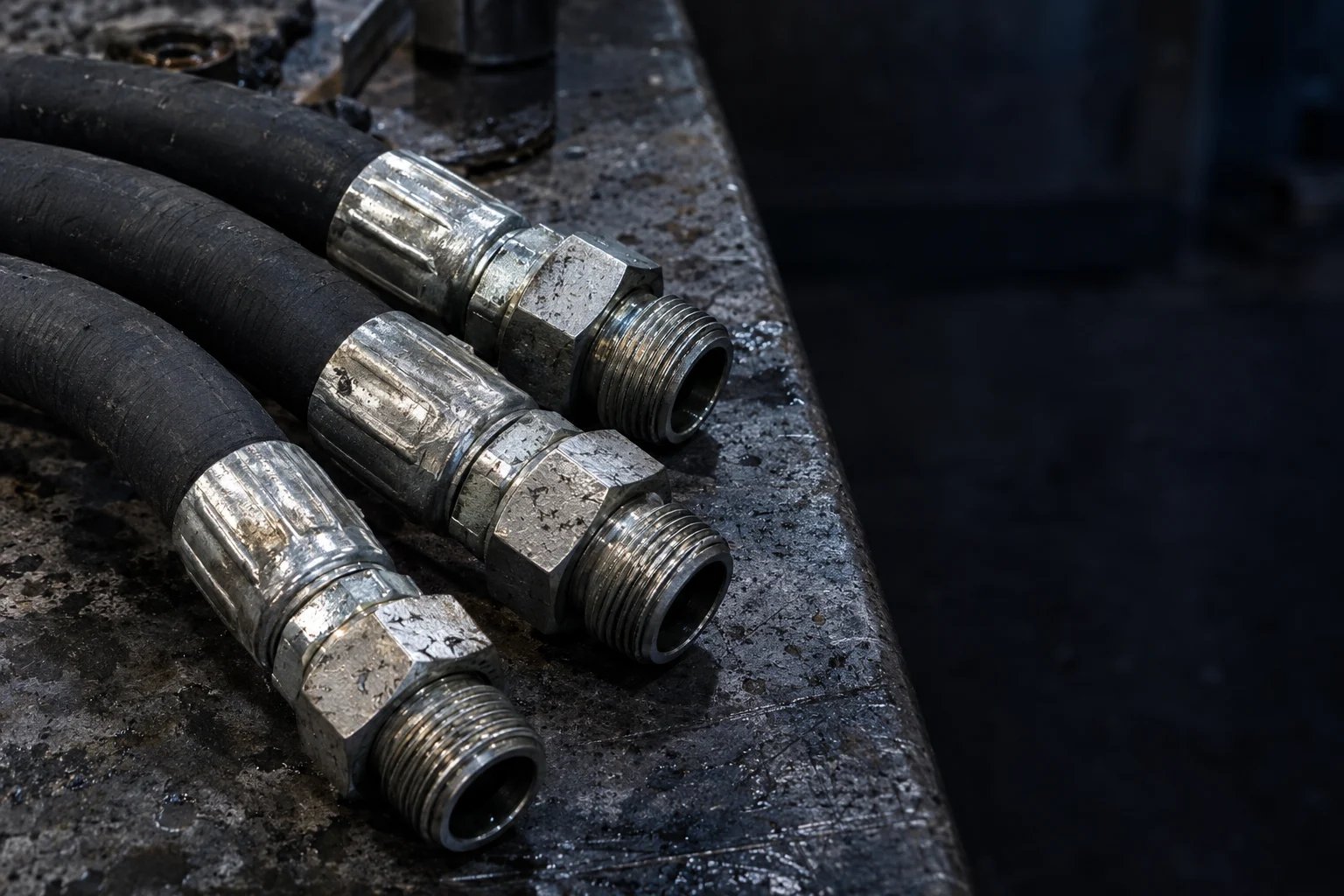 Steel end fittings on hydraulic hose assemblies