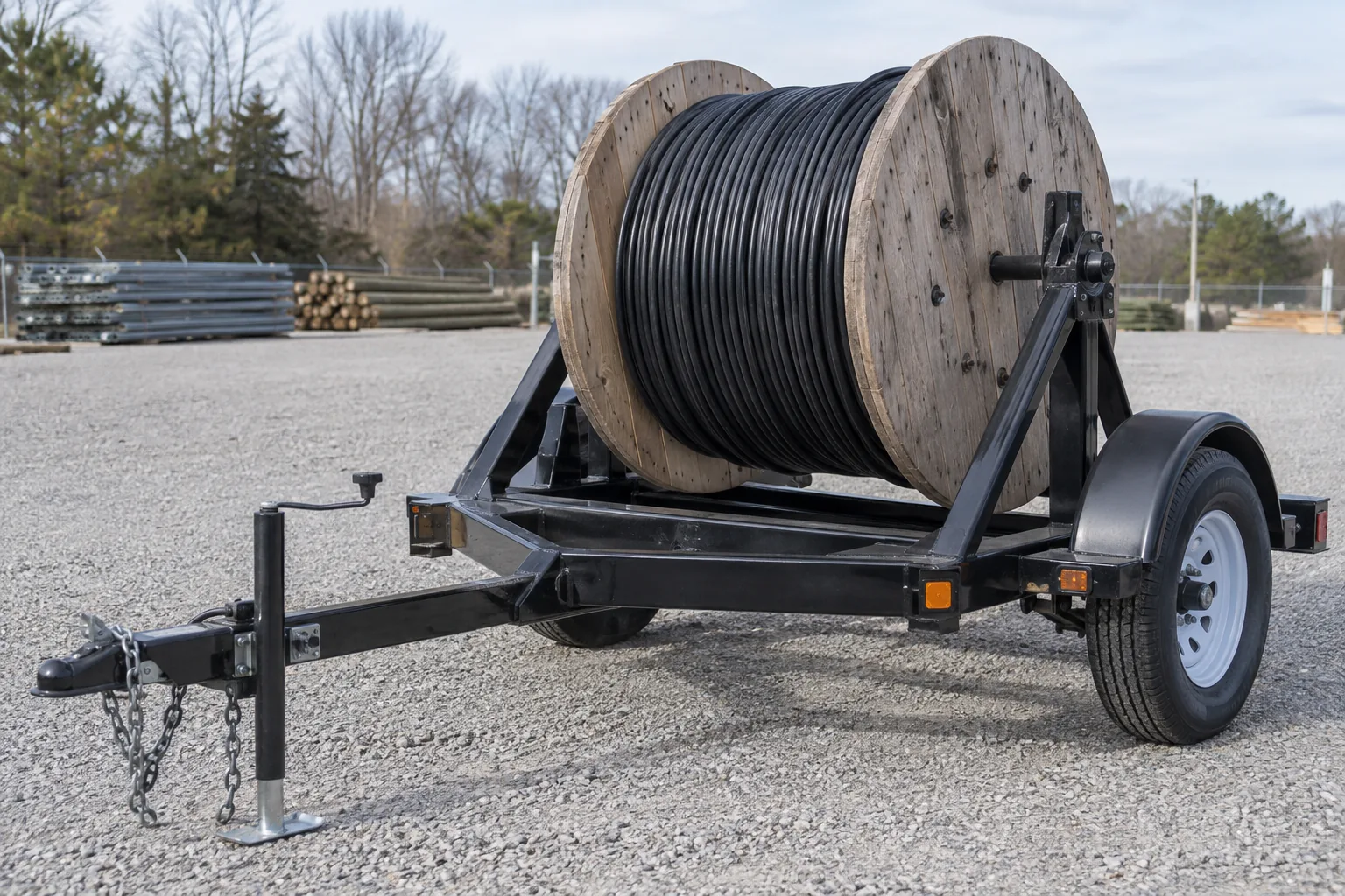 Cable reel trailer carrying a drum of telecommunications cable
